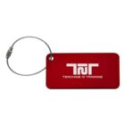 A red rectangular luggage tag with a metal loop. The tag features a white logo and the text Teaching N Training printed on it.
