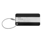 Black and silver luggage tag with spaces for name, address, and telephone number. It is attached to a metal cable loop with a screw lock.