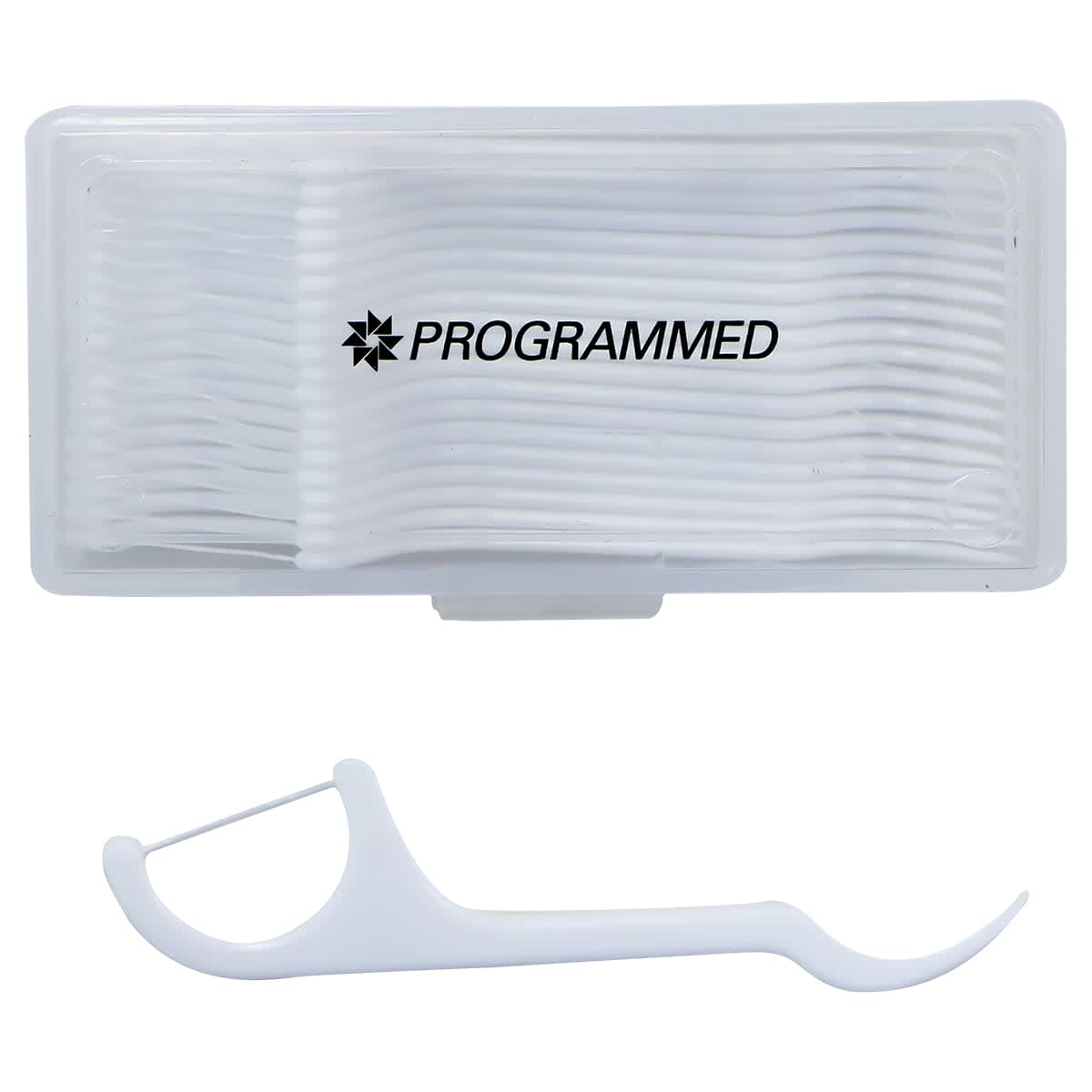 A plastic container filled with white dental floss picks. One floss pick is displayed outside the container. The word PROGRAMMED is printed in black on the containers lid.