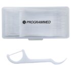 A translucent plastic box containing several white dental floss picks is shown. The box has the word PROGRAMMED printed on it. One floss pick is outside the box, displayed at the bottom of the image.