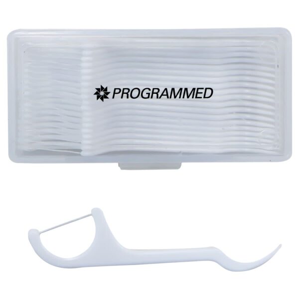A translucent plastic box containing several white dental floss picks is shown. The box has the word PROGRAMMED printed on it. One floss pick is outside the box, displayed at the bottom of the image.