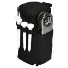 A compact black golf accessory bag with a zippered top, containing three white golf tees in side loops and a silver golf tool stored in an adjacent pocket.