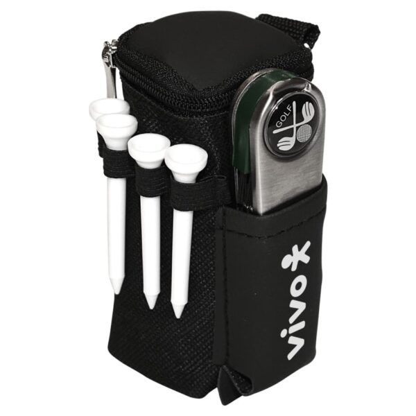 A black golf accessory pouch with a zipper, holding a small silver pocket golf club set and three white golf tees in elastic holders. The pouch features the word vivo in white text.
