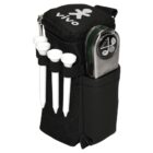 A black pouch with the logo vivo holds four white golf tees and a silver golfing gadget. The pouch has multiple compartments and a zipper on top.