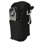 A black carrying case with a clip is shown. It contains a multi-tool with a golf-themed design on the handle, sticking out of an external pocket. The case has a zipper and a small silver carabiner attached.