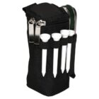 A black zippered pouch with four white golf tees secured in elastic loops on the front. The pouch has a clip attached for easy hanging.