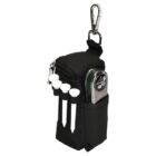 A black golf accessory pouch with a zippered compartment, attached carabiner, and four tees held in side loops. A metal divot tool with a ball marker is visible in an exterior pocket.