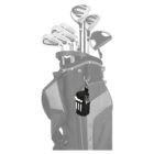 A golf bag with multiple clubs, featuring a black glove clip with a single golf glove attached, set against a plain white background.