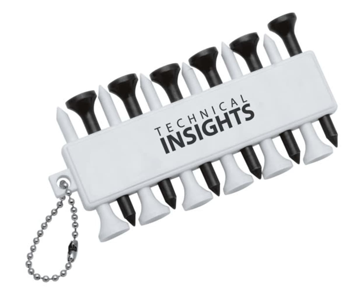 A white plastic holder labeled Technical Insights contains alternating black and white golf tees. A small metal chain is attached to the holder.