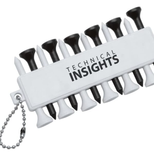 A white plastic holder labeled TECHNICAL INSIGHTS contains alternating black and white golf tees. A small metal ball chain is attached to the side of the holder.