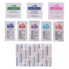 A collection of first aid items including insect sting relief pads, alcohol cleansing pads, antiseptic towelettes, hand wipes, lip balm packets, triple antibiotic ointment, first aid and burn cream, hydrocortisone cream, and bandages.