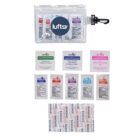 A clear pouch with a luft9 logo contains various medical items. Below it are two insect sting relief pads, an alcohol cleansing pad, an antiseptic towelette, and eight bandages arranged neatly.