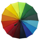 A top-view of an open umbrella displaying a full spectrum of colors, arranged in a circular pattern like a rainbow. The colors transition smoothly from red, orange, yellow, green, blue, to violet, creating a vibrant and cheerful appearance.