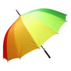 Colorful umbrella with six panels in a gradient pattern: red, orange, yellow, light green, dark green, and lime green. The handle is black. The umbrella is open and viewed diagonally from below against a white background.