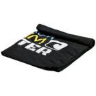 A folded black t-shirt with a design that includes a stylized wave and block letters in blue, yellow, and white.