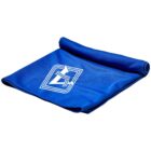 A blue fitness towel with a white geometric logo printed on it is neatly folded. The fabric appears to be made of a smooth, soft material, suitable for workouts or gym use.