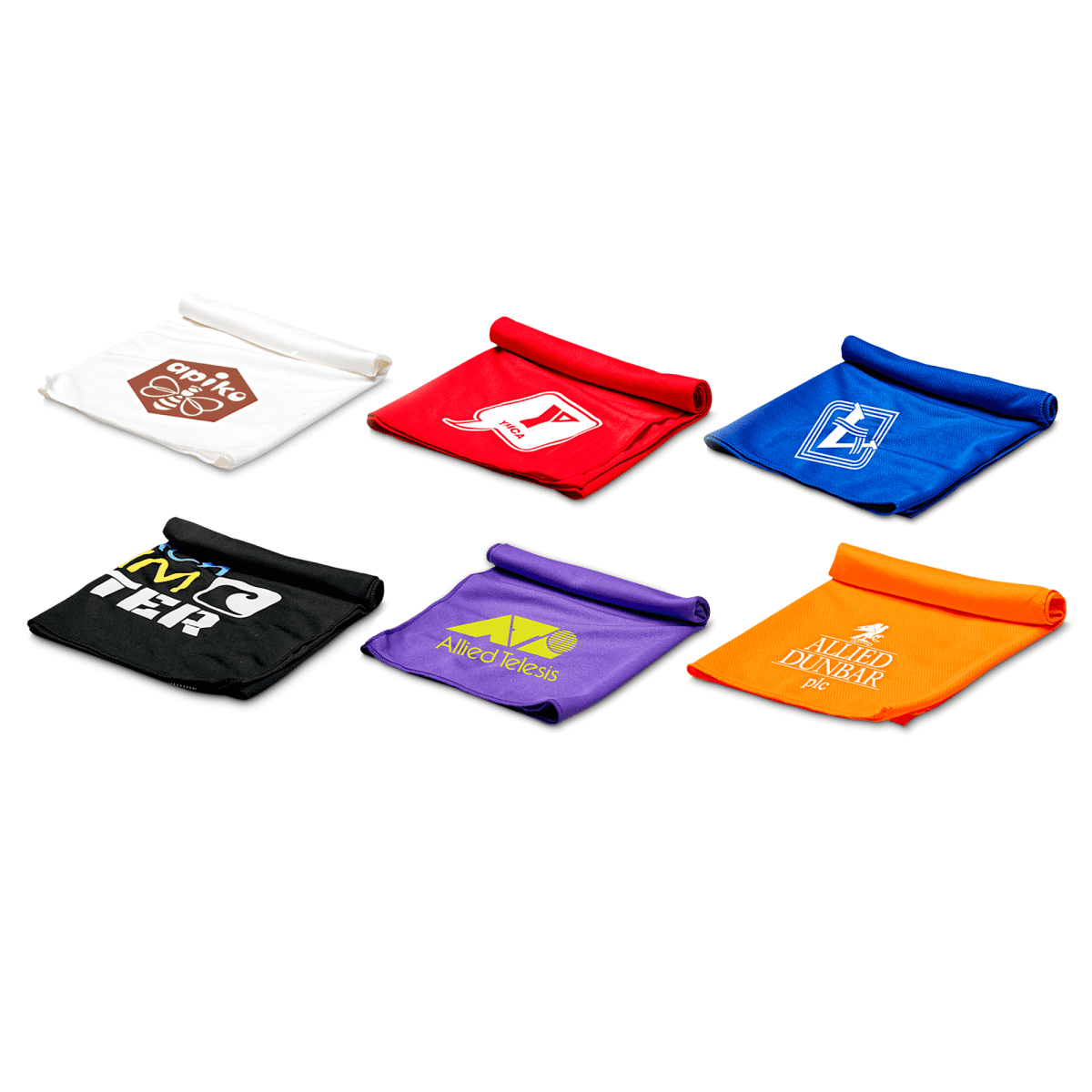 Six folded shirts in red, blue, black, purple, orange, and white, each featuring different logos and designs, arranged in two rows on a white background.