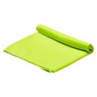 A bright green microfiber cloth partially rolled up, lying on a white background.