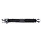 A black paracord survival bracelet featuring a compass, flint fire starter, and a buckle closure. The bracelet is tightly woven and designed for outdoor and survival use.