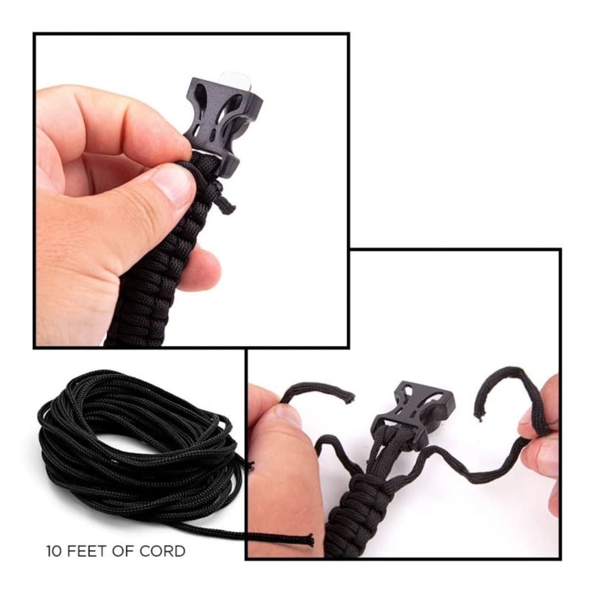 A person holding a black cord with a plastic clasp, shown in two close-up views. Another image displays the same black cord coiled, labeled 10 feet of cord.