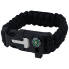Black paracord survival bracelet with a small built-in compass and a metal multi-tool integrated into the plastic buckle.
