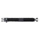 A black braided paracord bracelet with a plastic buckle clasp. It features an integrated compass and small tools, designed for outdoor or survival use.