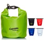 Five waterproof dry bags in various colors: one large green with Concern Worldwide logo and four smaller ones—black, red, blue, and white—each with different logos.