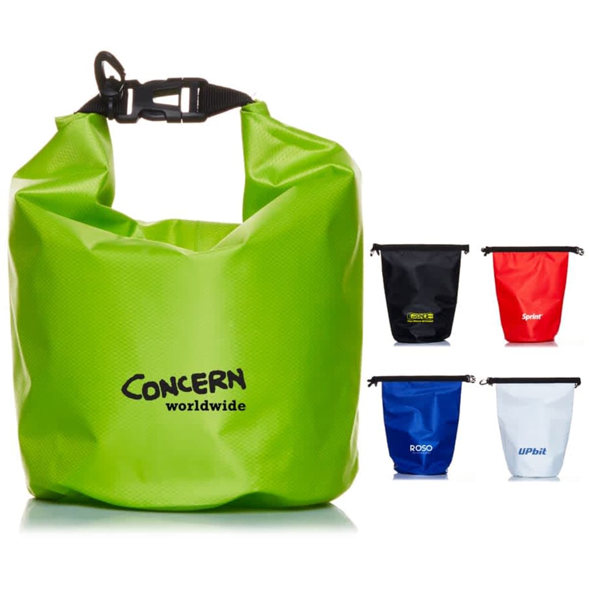 Five waterproof dry bags in various colors: one large green with Concern Worldwide logo and four smaller ones—black, red, blue, and white—each with different logos.