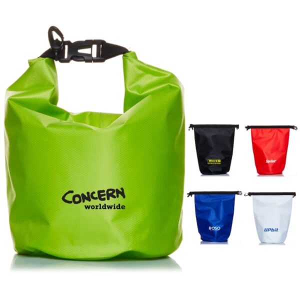 A set of five waterproof dry bags in various colors: green, black, red, blue, and white. The largest green bag is in the foreground with CONCERN worldwide printed on it. The others have different logos and are smaller in size, arranged to the right.