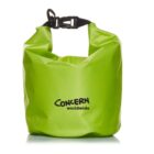 A bright green waterproof dry bag with Concern Worldwide written on it in black. The bag is cylindrical and has a black strap with a buckle at the top for sealing. The fabric appears smooth and reflective.