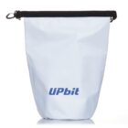 A white waterproof bag with a black top trim, featuring a small carabiner clip on the left. The word Upbit is printed in blue on the front.