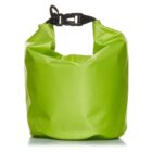 A bright green waterproof dry bag with a roll-top closure and a black buckle. The bag is standing upright against a plain white background.
