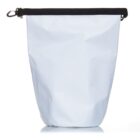 A white, cylindrical dry bag with a black roll-top closure and a small black clip on the side. The bag is standing upright against a plain white background.