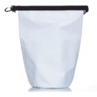 A white, waterproof dry bag stands upright against a plain background. It features a black roll-top closure with a clip for secure sealing. The bag has a simple, smooth design, reflecting light off its surface.