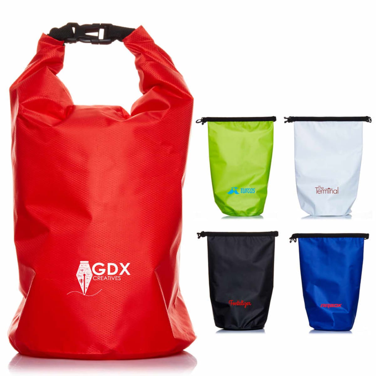 A collection of waterproof dry bags in various colors: a large red bag with GDX Creatives logo in front, and smaller green, white, black, and blue bags with different logos. Each has a roll-top closure and buckle.