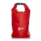 A red waterproof dry bag with a roll-top closure and black buckle. The bag features a white logo with the name GDX Creatives printed on the front. The bag is standing upright against a white background.