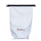 A blue bag with a black drawstring closure at the top. The text The Terminal is printed in maroon on the front, featuring an airplane shape above. The bag is standing upright against a plain white background.