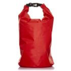 A bright red dry bag with a roll-top closure and black buckle. The bag is standing upright against a plain white background, showcasing its waterproof material and simple design.