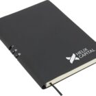 A closed black notebook with rounded edges and a ribbon bookmark. The cover features the logo and text HELIX CAPITAL in white.