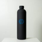 A tall, black water bottle with a matte finish, featuring a blue hp logo in the center. The bottle is placed against a simple, light background.