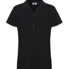 A plain black short-sleeve polo shirt with buttons down the front.