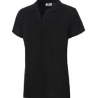 Black short-sleeve polo shirt with a collar and buttoned placket, displayed on a white background.