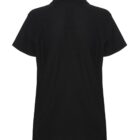 Back view of a plain black short-sleeve polo shirt on a white background.