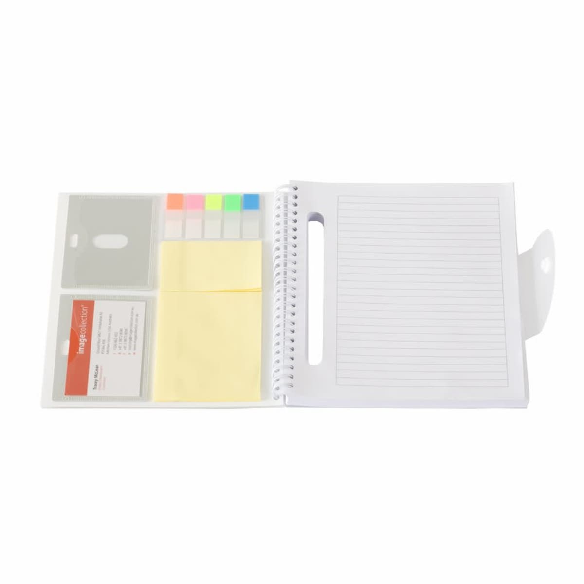 Open spiral notebook with a section for sticky notes and colored tabs on the left, and lined pages on the right. The notebook cover has a handle and a pocket for a business card.