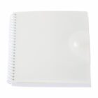A closed white spiral notebook with a translucent cover, showing the circular outline of a button closure on the right side. The notebook is set against a plain white background.