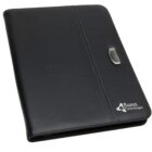 A sleek black portfolio folder with a metal clasp is shown. It features a silver Luxus technologies logo in the bottom right corner.