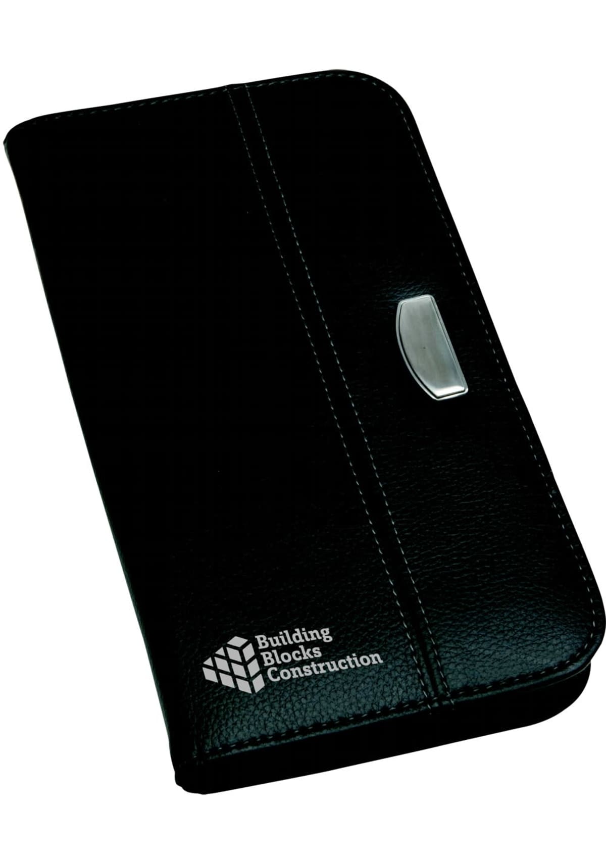 A black leather portfolio with white stitching and a metal accent on the side. The front displays the logo and text Building Blocks Construction.
