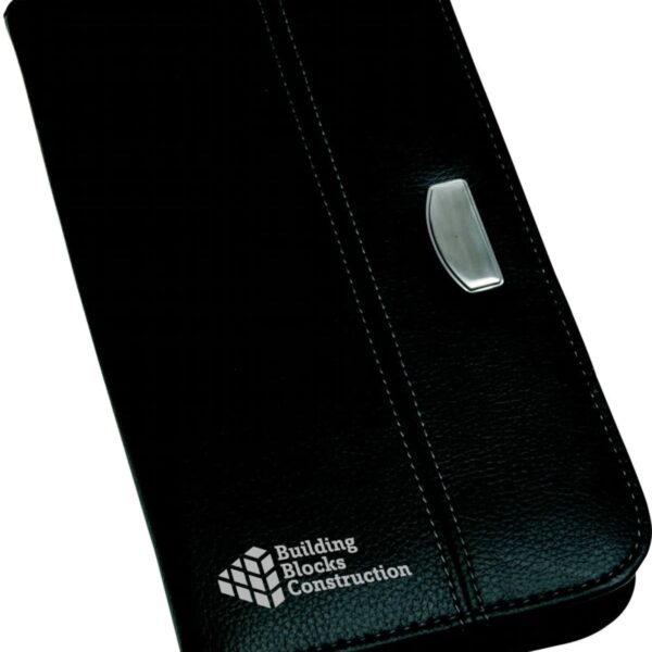 A black leather portfolio with white stitching and a silver metal accent. The logo Building Blocks Construction is printed on the front in white.