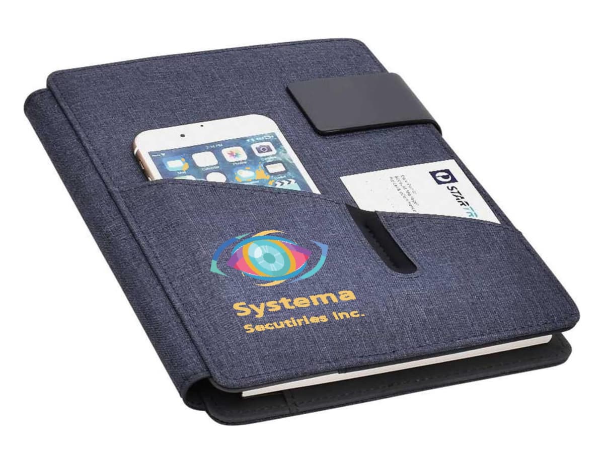 A blue fabric organizer with a smartphone and business card in the front pockets. It features the Systema Securities Inc. logo with a multicolored eye design. A black closure strap is visible on top.