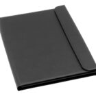 A closed, sleek black leather portfolio with a flap cover. The texture is smooth, and it appears to be well-crafted, suitable for holding documents, a notepad, or a tablet. The background is plain white, emphasizing the portfolios design.